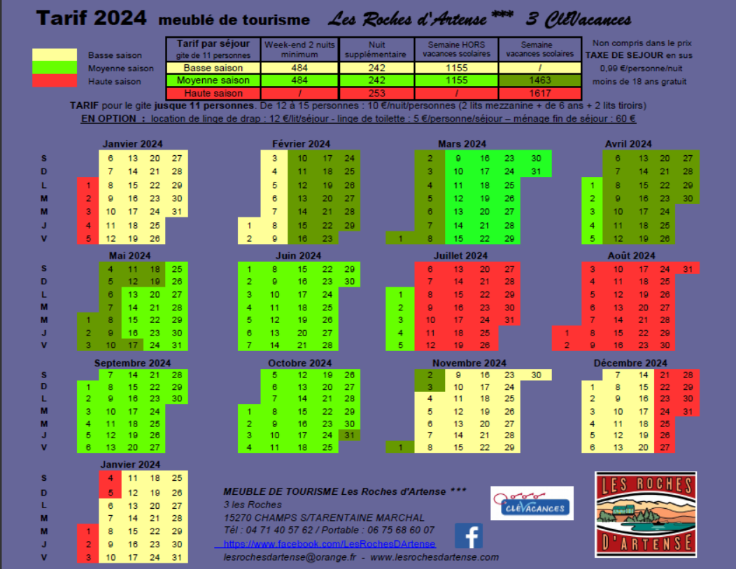 Tarif 2024 - Chambres d'hôtes les Roches d'Artense CANTAL