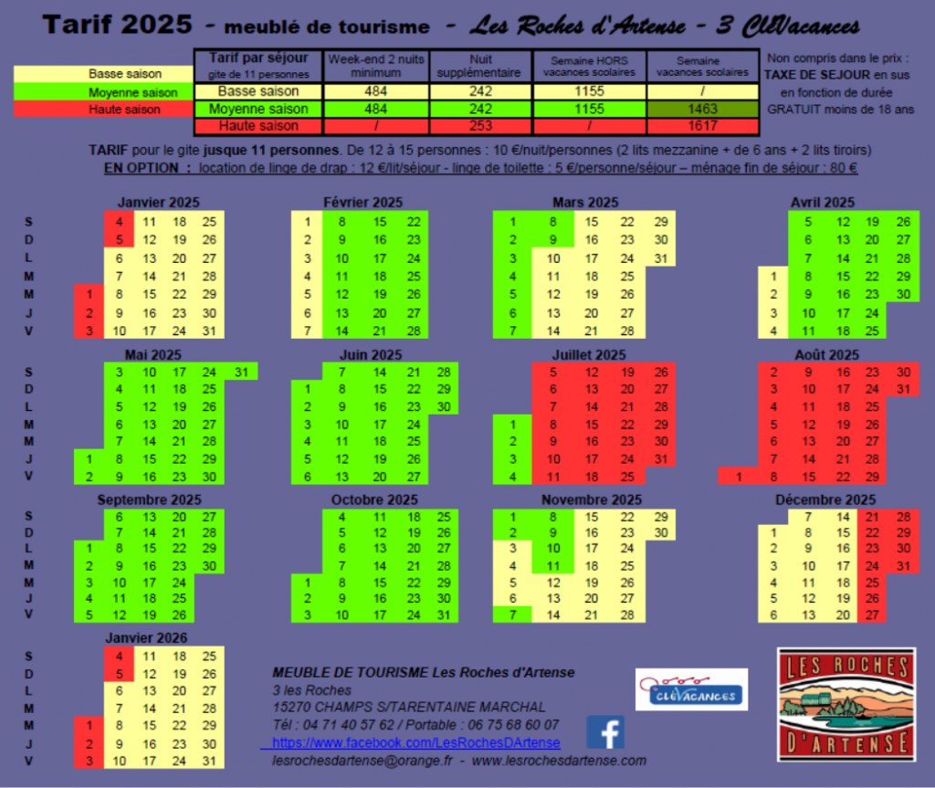 Tarif 2025 les Roches d'Artense